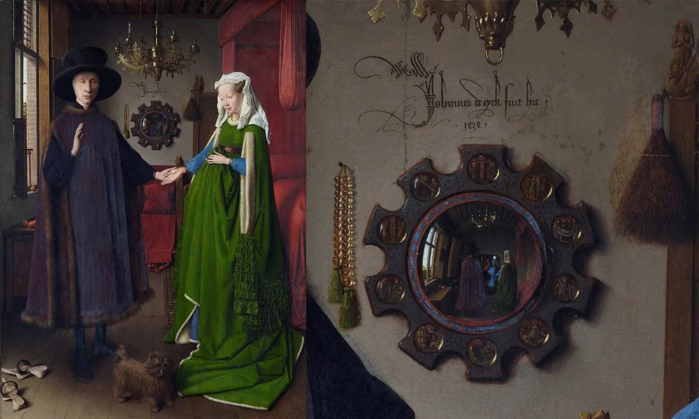 Renaissance interior: a dark-robed man and woman in a green gown join hands beside a convex mirror reflecting figures, creating a quiet mood.