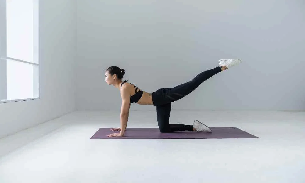 A woman in black workout clothes balances on a purple mat, extending one leg behind her in a controlled floor exercise in a bright studio.