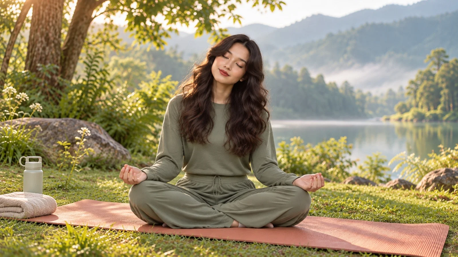 A woman meditates cross-legged on a yoga mat by a calm lake, surrounded by wildflowers and mountains in warm, peaceful morning light.