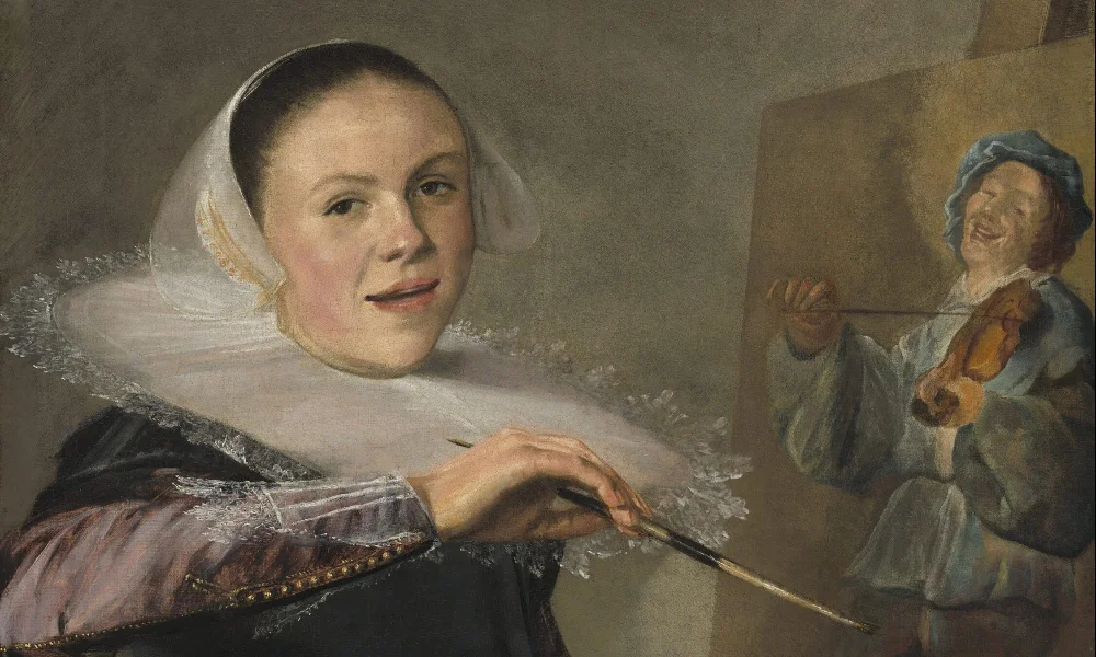 A painted woman in a white ruff holds a thin brush beside a small painting of a laughing violinist, creating a playful, intimate studio scene-Female Artists