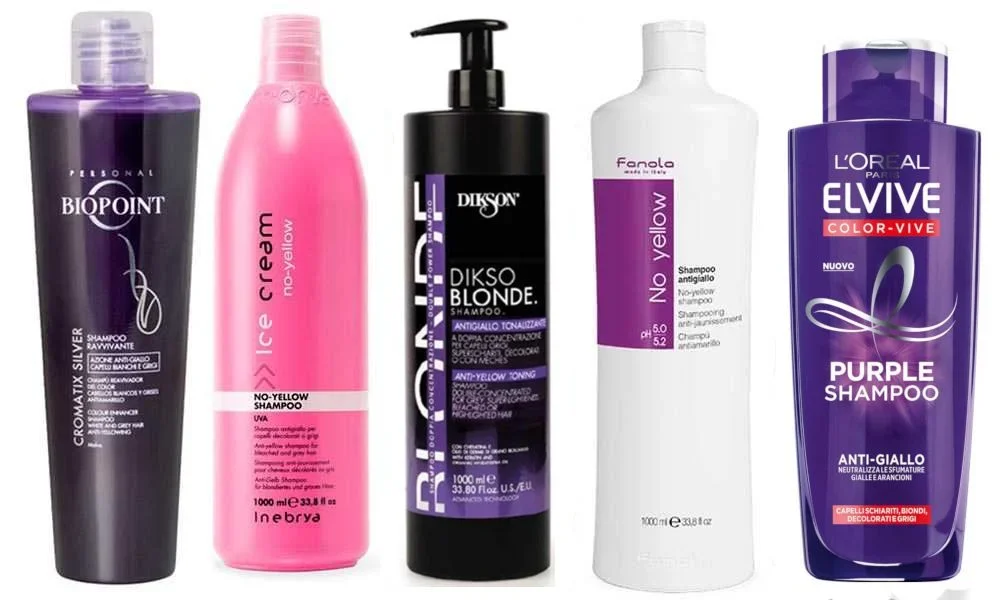 Five hair-care bottles from Biopoint, Inebrya, Dikson, Fanola, and L’Oréal stand in a row, a clean product display of anti-yellow shampoos and treatments.