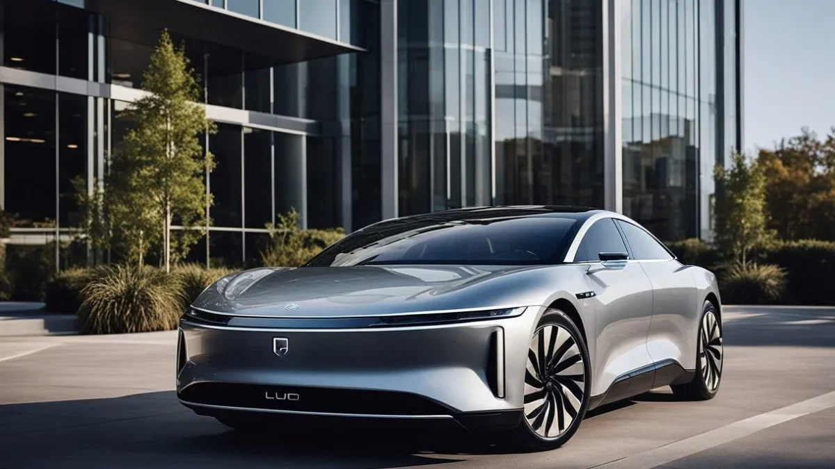 Sleek silver futuristic electric luxury sedan parked outside a modern glass office building