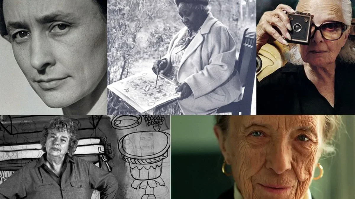 A collage of artist Louise Bourgeois across her life: close-up portraits, working on a drawing, holding a camera, and standing by sketches; reflective and intimate.