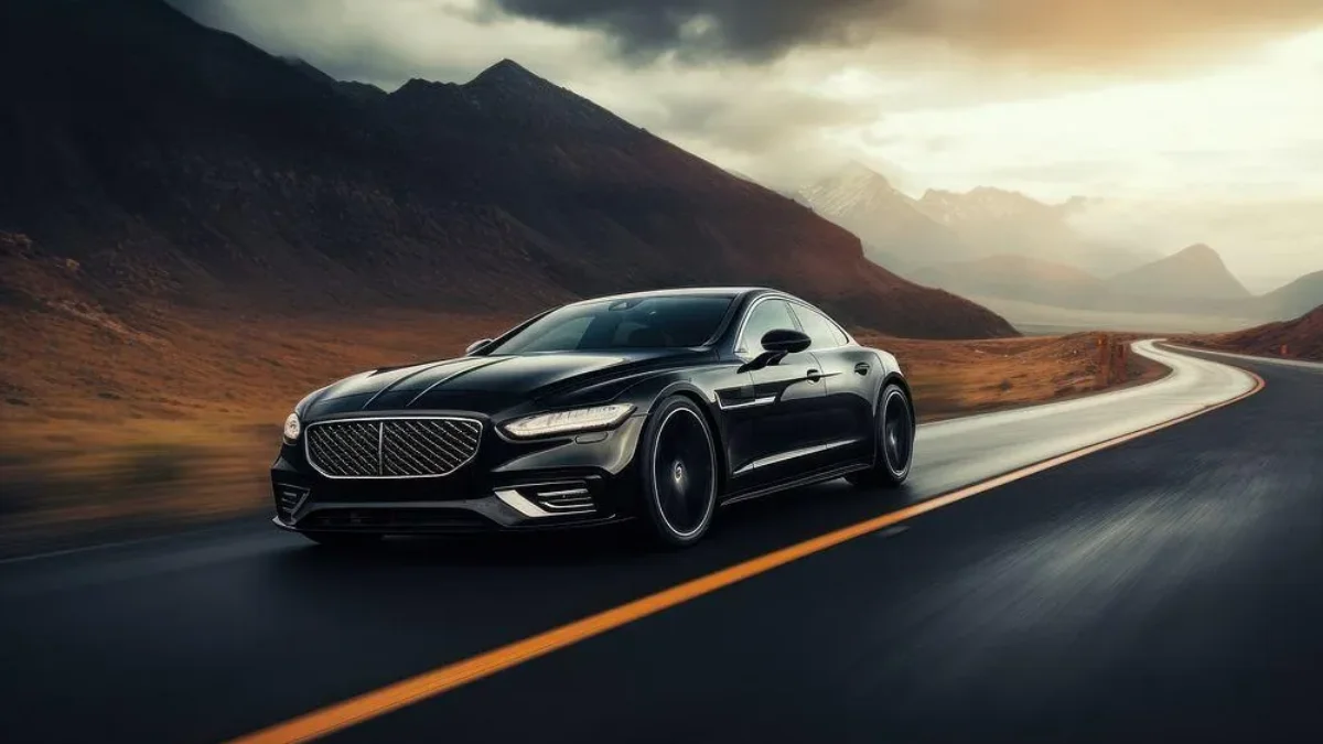 Glossy black grand touring sedan driving along a winding mountain highway at dusk
