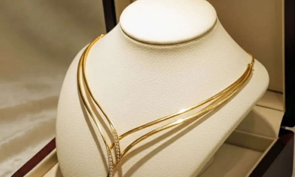 Luxury Fine Jewelry featured in a close-up photo of an elegant double-strand gold Y-necklace with diamond accents displayed on a white neck bust inside a wooden box. 