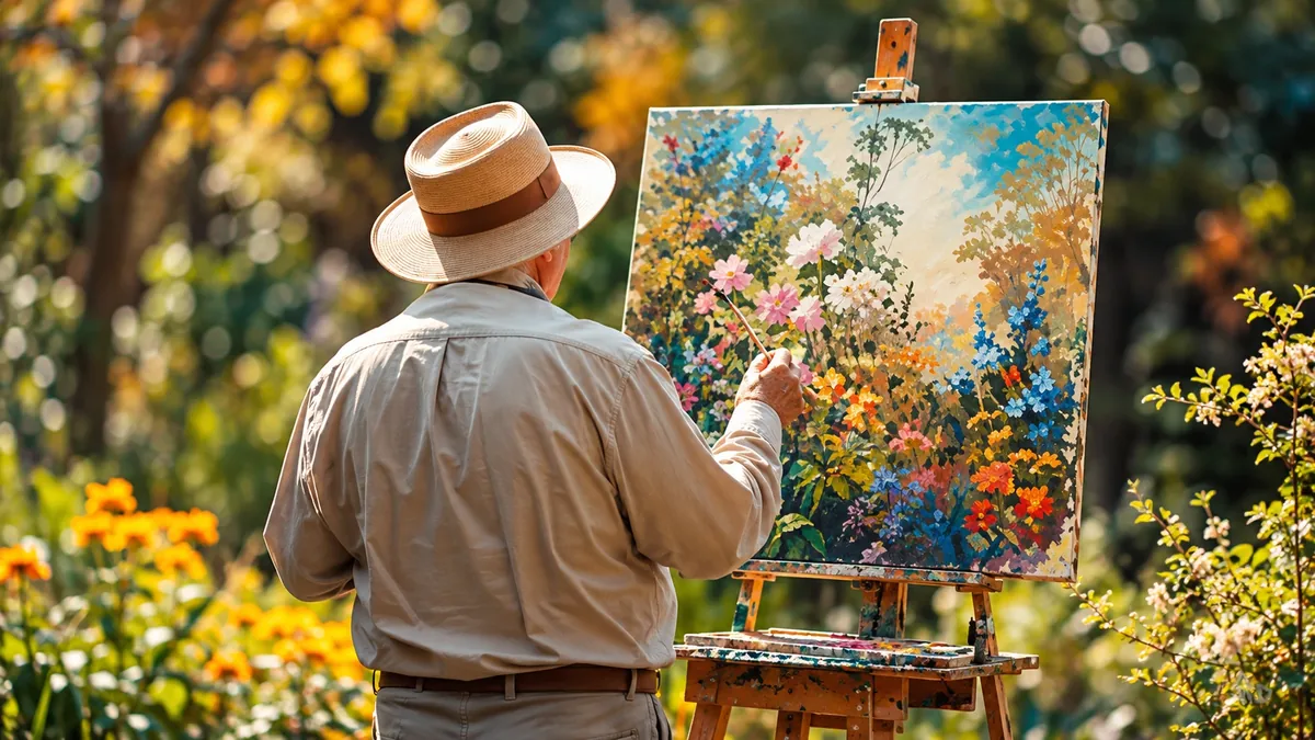 Painter in a straw hat working at an easel in a sunlit garden, adding colorful flowers to a canvas