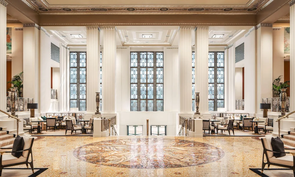 Grand historic luxury hotel interior inspired by Waldorf Astoria New York.