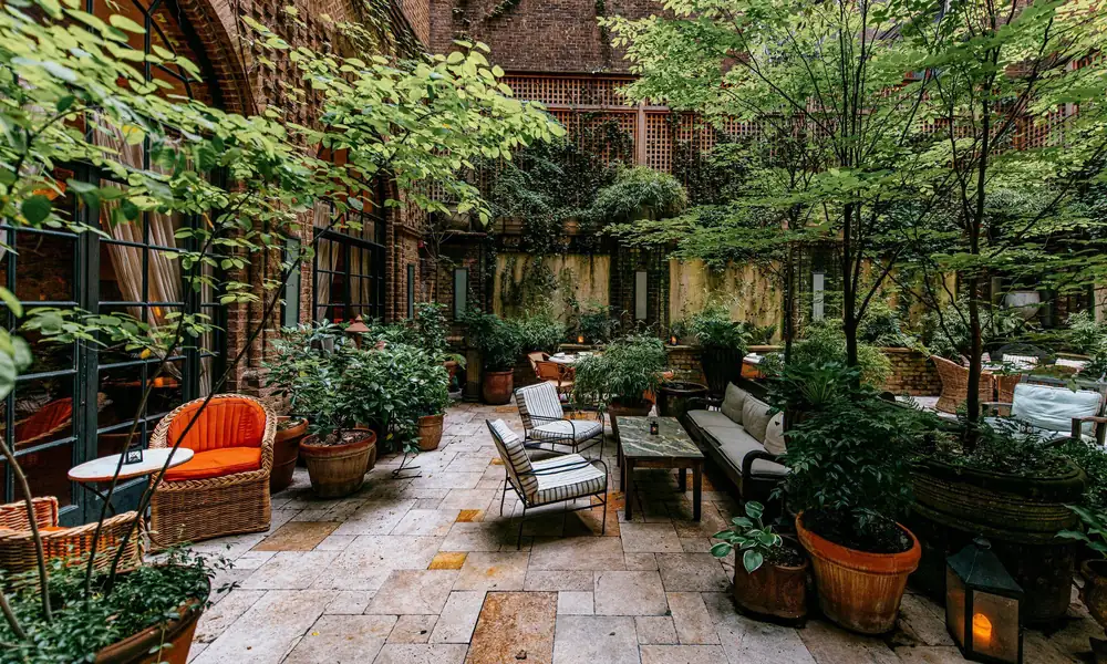 Peaceful boutique hotel courtyard with greenery and natural materials-best hotels in New York