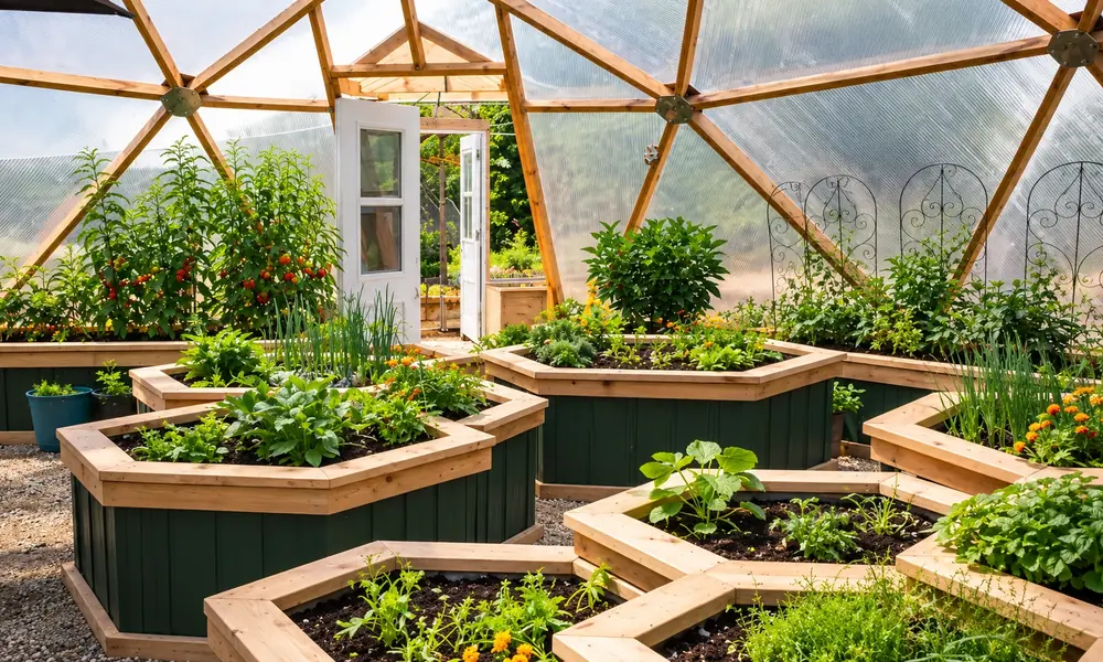 Inside a wooden geodesic dome, hexagonal raised beds hold tomatoes, herbs, leafy greens and marigolds beneath clear panels and an open white door-Biodome