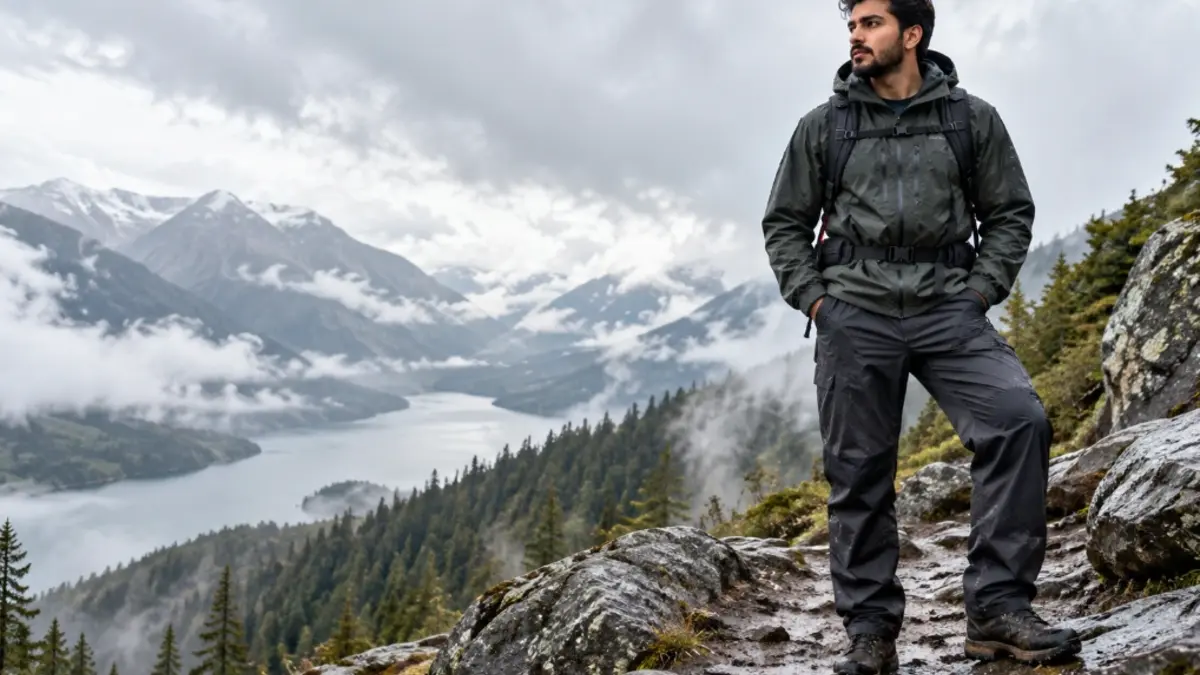 A bearded hiker in dark outdoor gear stands on a rocky mountain trail, gazing across a misty alpine lake and forested peaks; the mood is calm and adventurous.