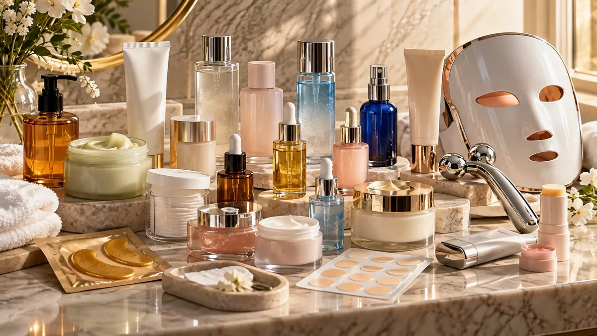 A luxurious spa skincare display of serums, creams, masks, and amber bottles on marble, with flowers and a white facial mask, evoking calm self-care.