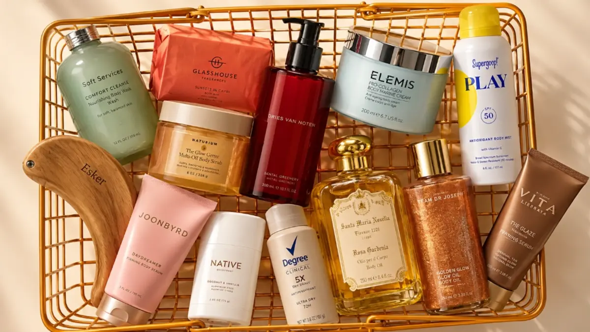 A copper wire basket displays skincare and beauty products, including creams, oils, deodorant, and sunscreen, neatly arranged on a warm cream background.