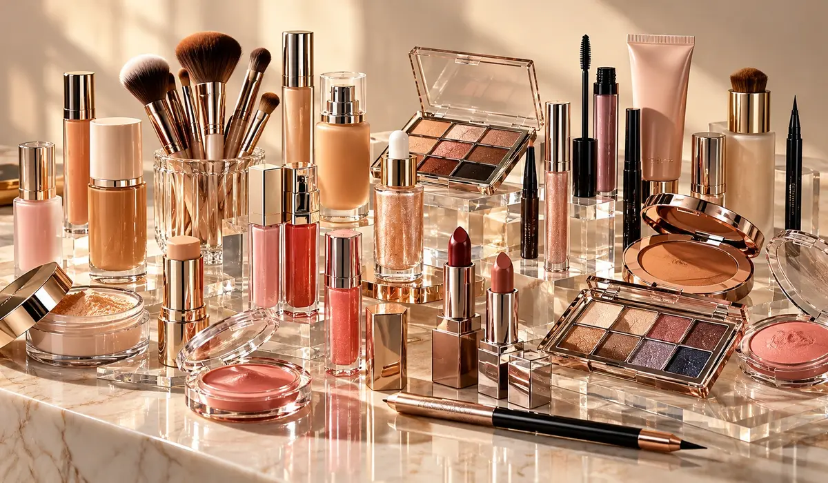 A warm, sunlit display of makeup brushes, foundation, lipstick, blush, and open palettes on a reflective marble surface, creating a polished, luxurious mood.