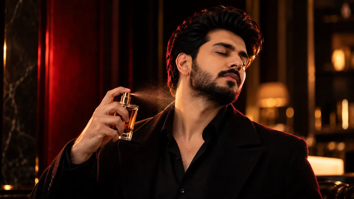 A bearded man in a black coat sprays perfume at his neck in a dim, elegant room, eyes closed and head tilted in a relaxed, confident pose.