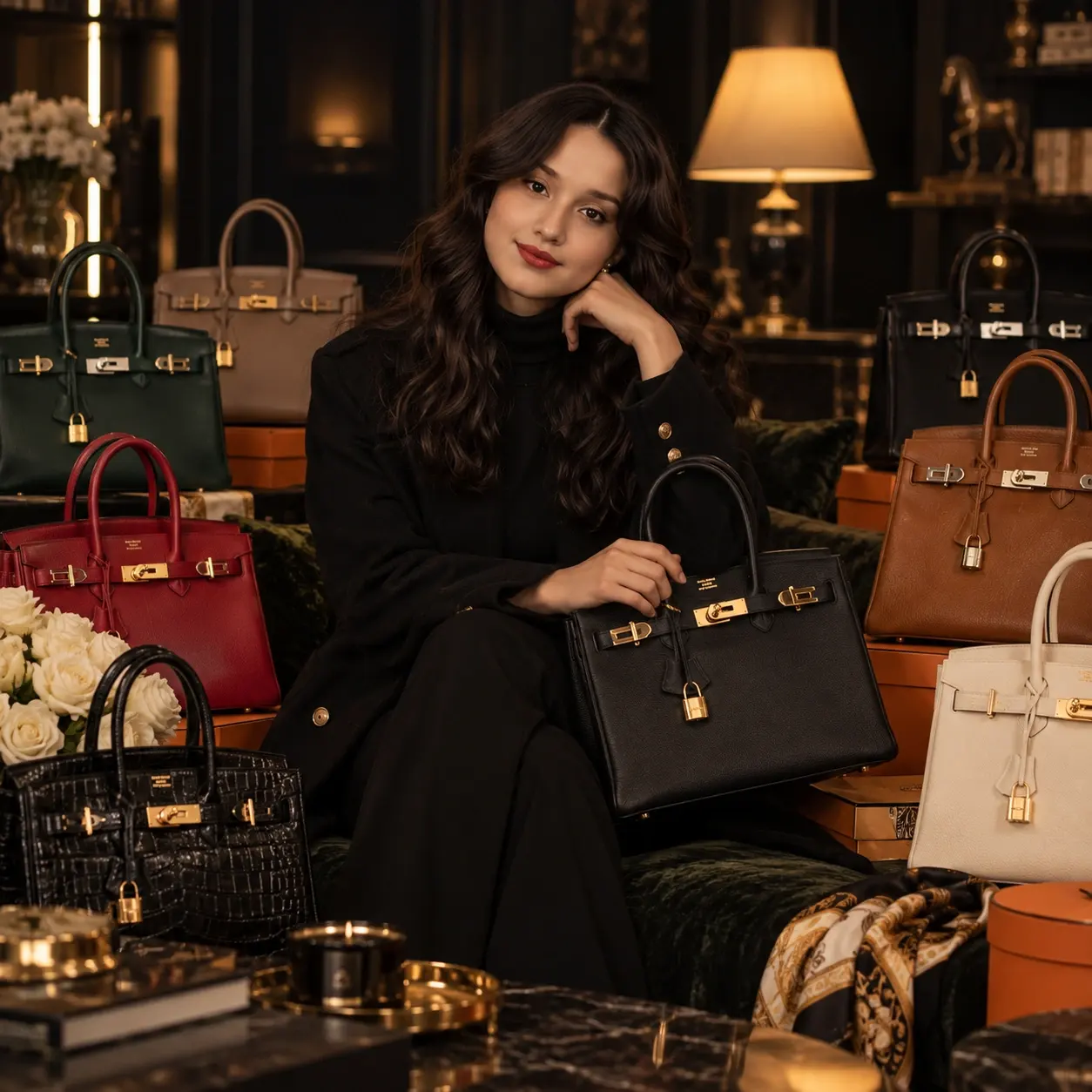 A poised woman in black sits among luxury handbags in a warmly lit boutique, holding a black leather bag; the scene feels elegant and inviting.