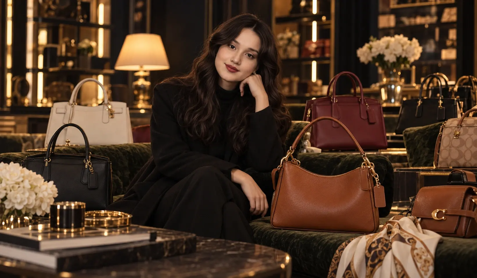 A woman in black sits among luxury leather handbags in a warmly lit boutique, creating an elegant, relaxed scene with a polished tone.