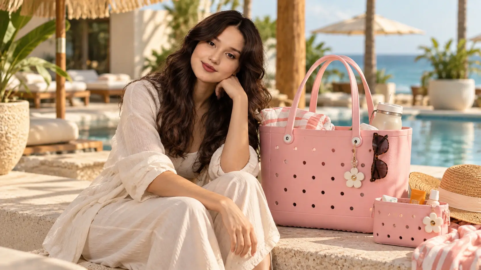 A woman in a flowing white dress relaxes beside a pink polka-dot tote and matching pouch on a sunny beach patio, creating a calm summer mood.
