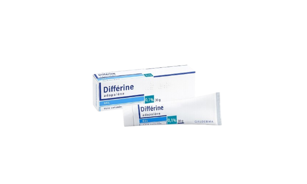 Two white and blue boxes of Differine (adapalene) 0.1% acne gel sit against a black background, presented as a clean, clinical product image.