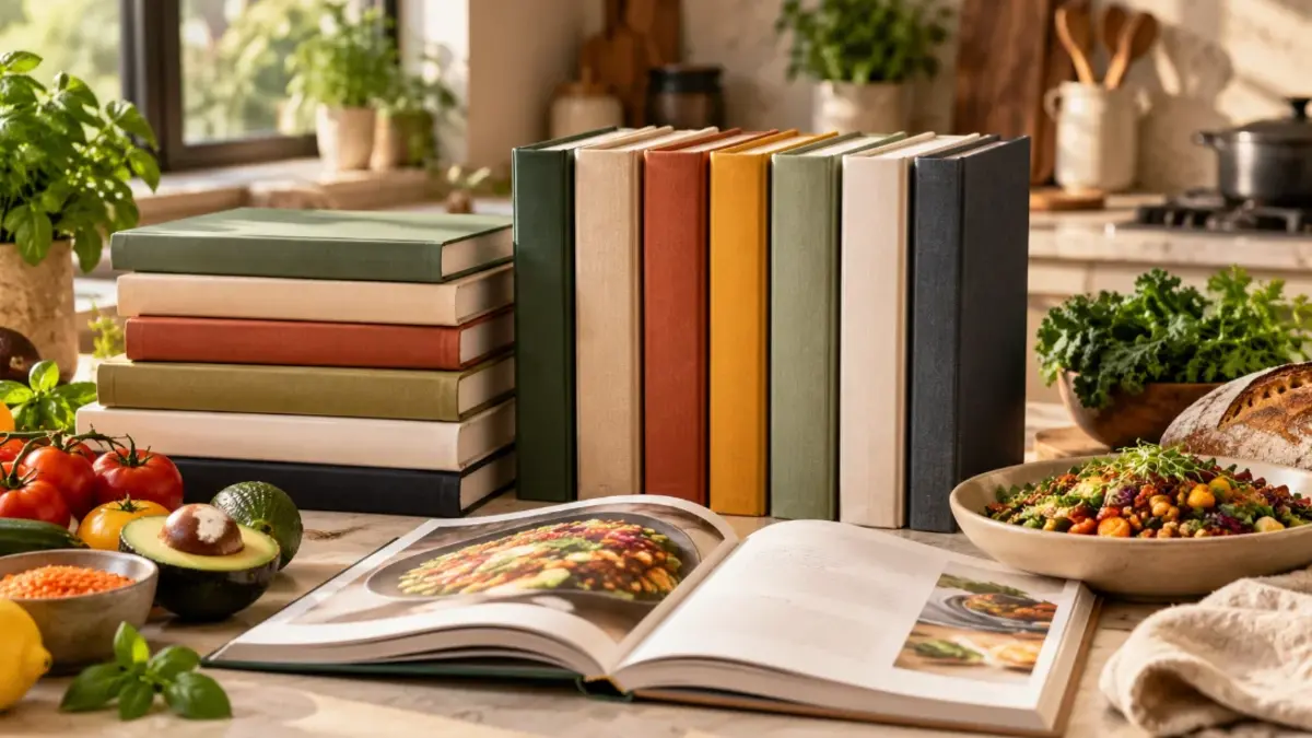 An open cookbook and upright recipe books sit among tomatoes, herbs, salad bowls, and fresh produce in a warm, sunlit kitchen, inviting home cooking.