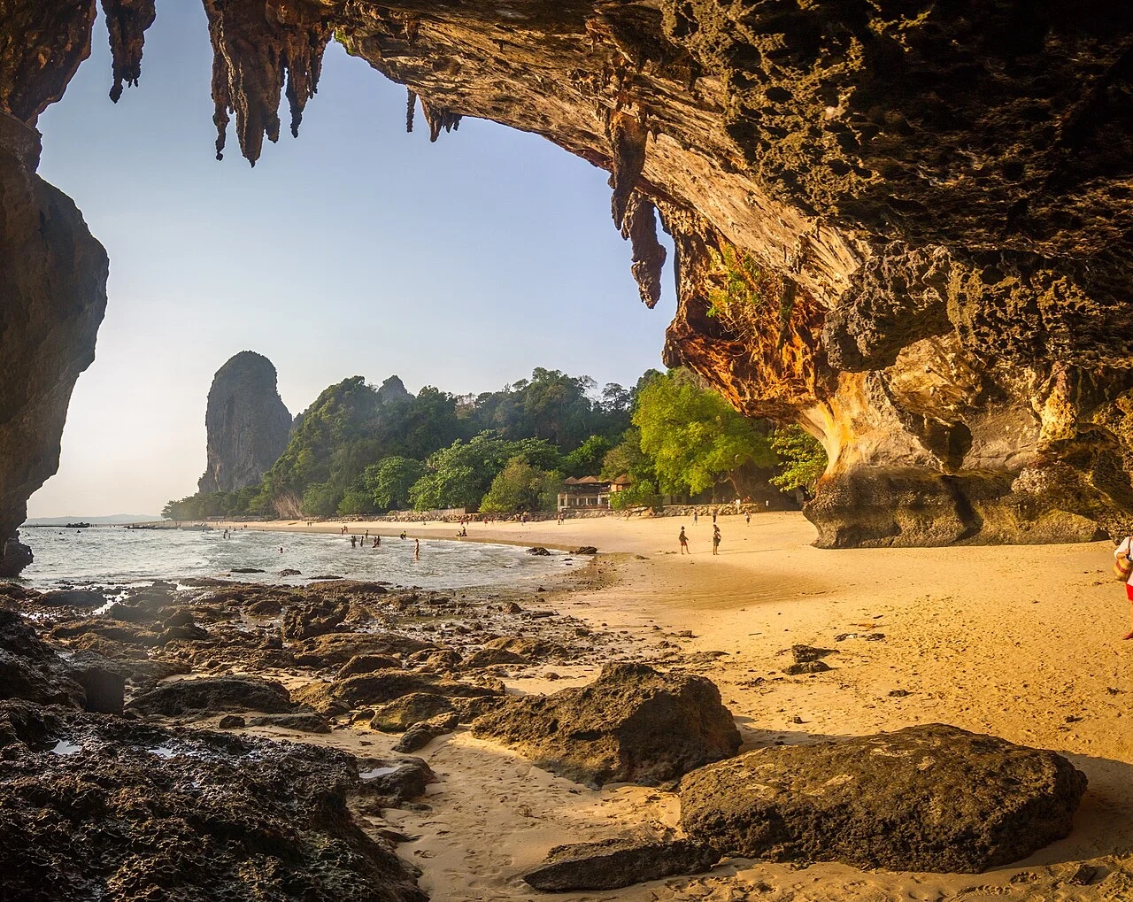 View from inside a sea cave looking onto the beach