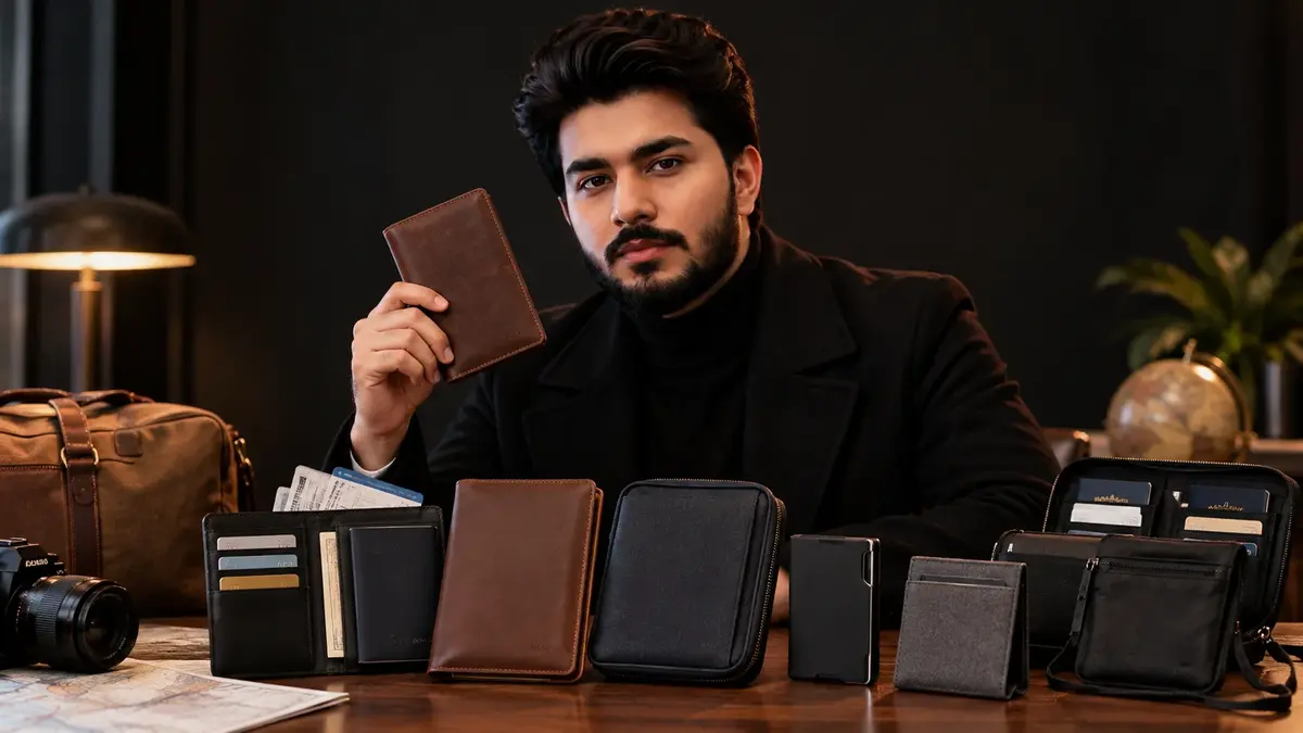 A bearded man in black holds a brown wallet behind a table displaying wallets, bags, and a camera, in a dark, polished product showcase.
