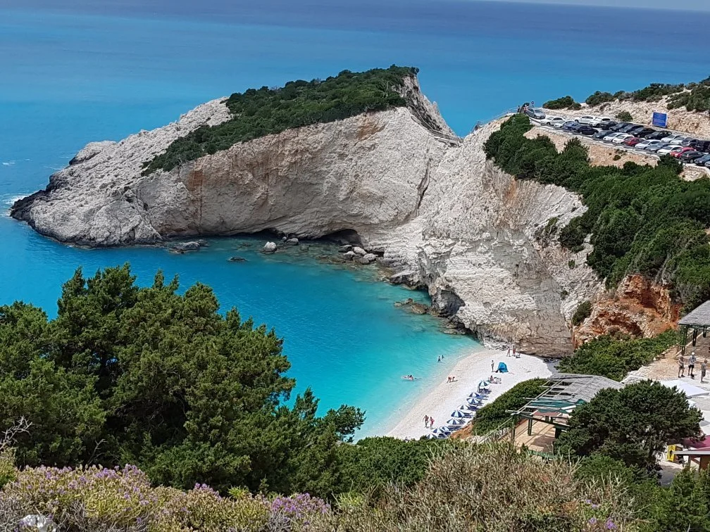 Rocky cliffs surrounding a secluded ocean bay