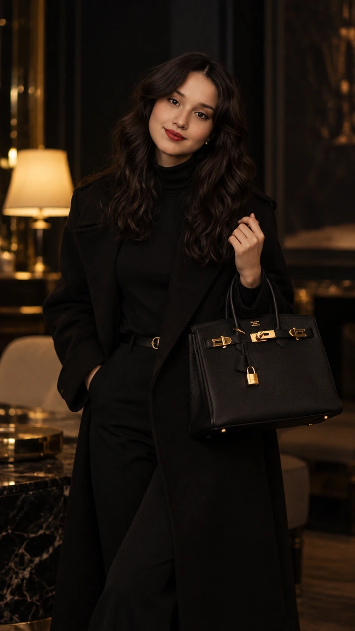 A woman in a black outfit poses in a warmly lit, elegant interior, holding a structured black handbag with gold hardware; her expression is poised and confident.
