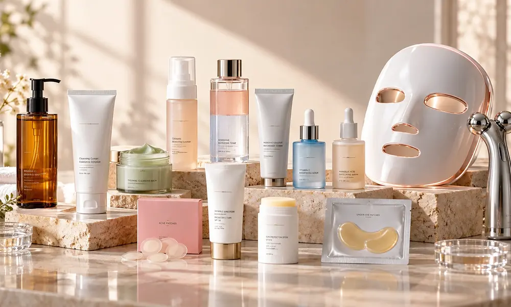 A sunlit vanity displays skincare bottles, creams, and gold under-eye patches beside a white facial beauty mask, creating a calm, luxurious mood.