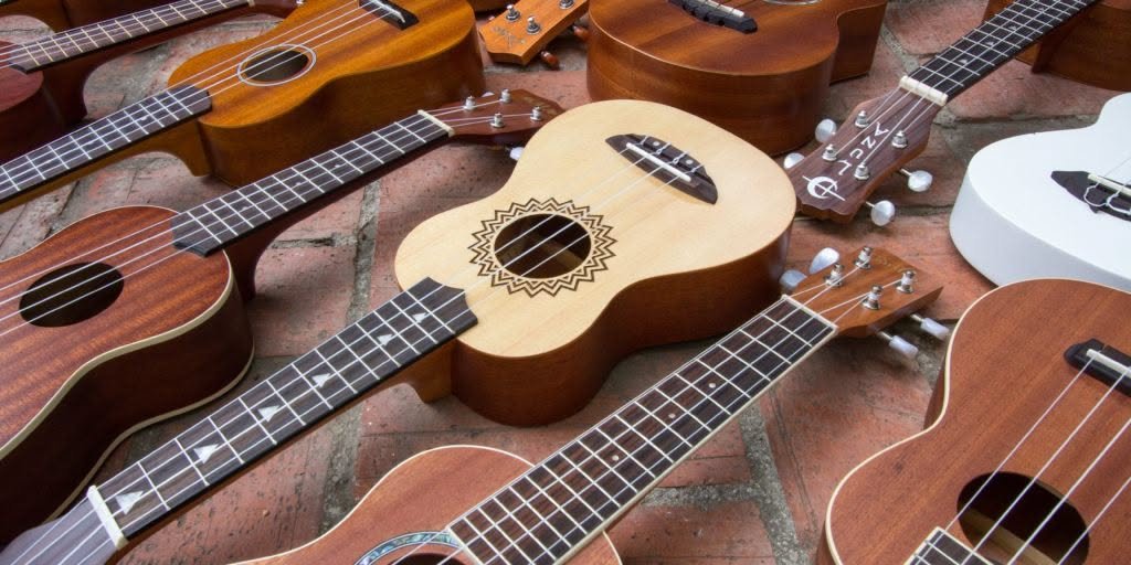Display of various ukuleles arranged together
