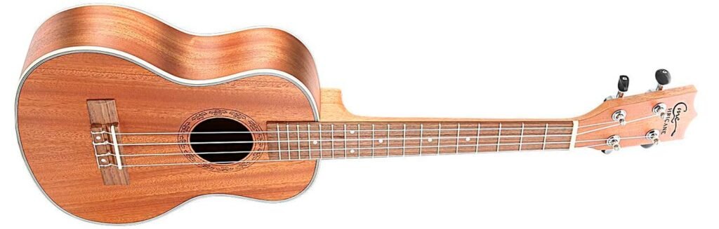 Detailed view of a wooden acoustic ukulele body