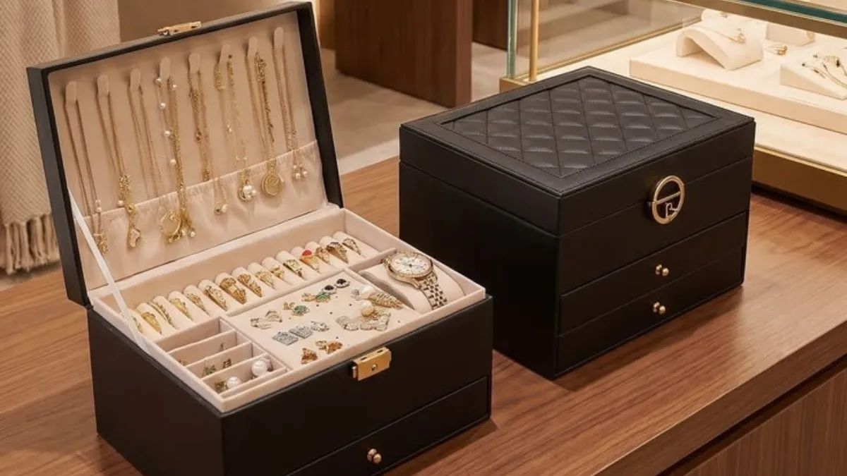 Luxury Jewelry Case featured in a photo of elegant black leather jewelry boxes displayed on a wooden counter inside a high-end jewelry boutique.