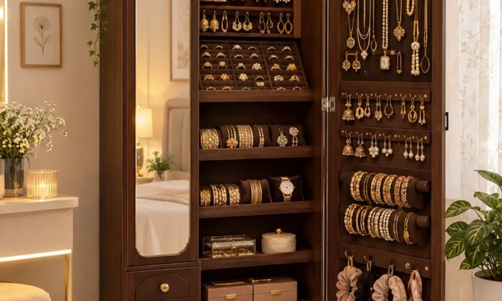 Luxury Jewelry Case featured in a photo of an open wooden armoire with illuminated shelves and built-in hooks organizing necklaces, rings, and bangles. 