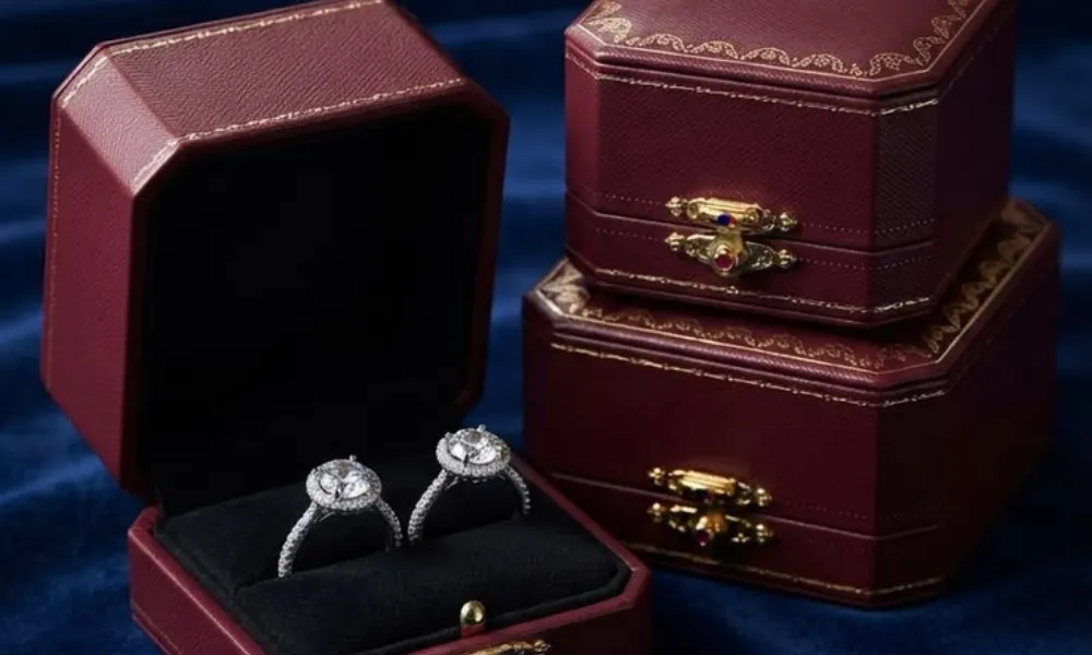 Luxury Engagement Ring Box featured in a close-up photo of two round halo diamond engagement rings displayed inside an open burgundy leather box beside stacked closed jewelry cases.