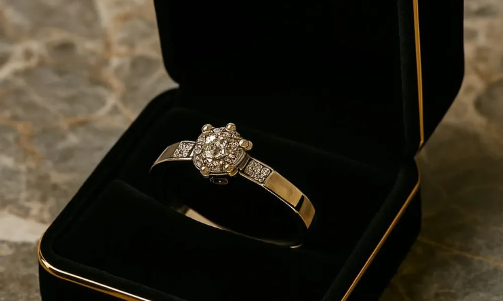 Luxury Engagement Ring Box featured in a close-up photo of a round cluster diamond ring set on a gold band inside an open black velvet presentation box with gold trim resting on a marble surface.