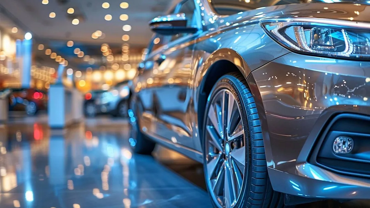 Sleek metallic grey sedan parked under soft ambient lighting inside a modern luxury car showroom