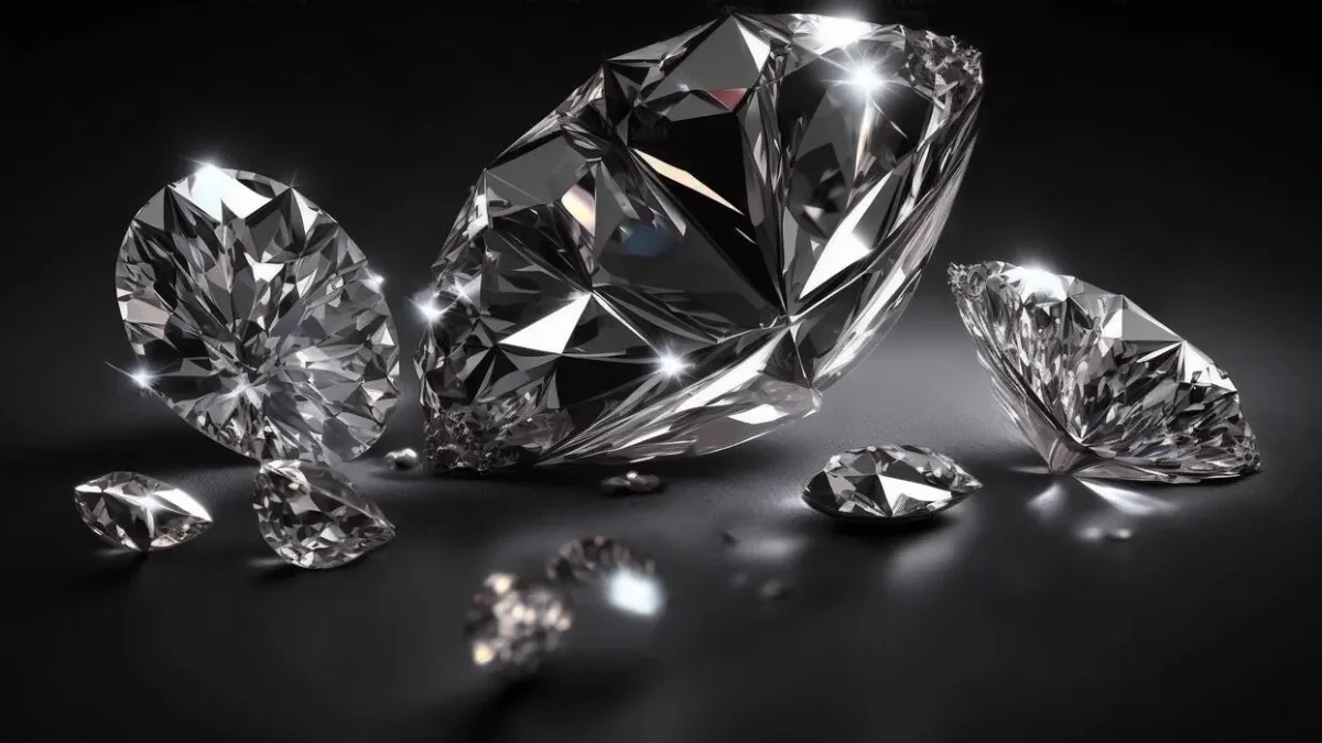 Luxury Diamonds featured in a close-up photo of sparkling, multi-faceted loose diamonds scattered across a sleek, reflective dark surface.