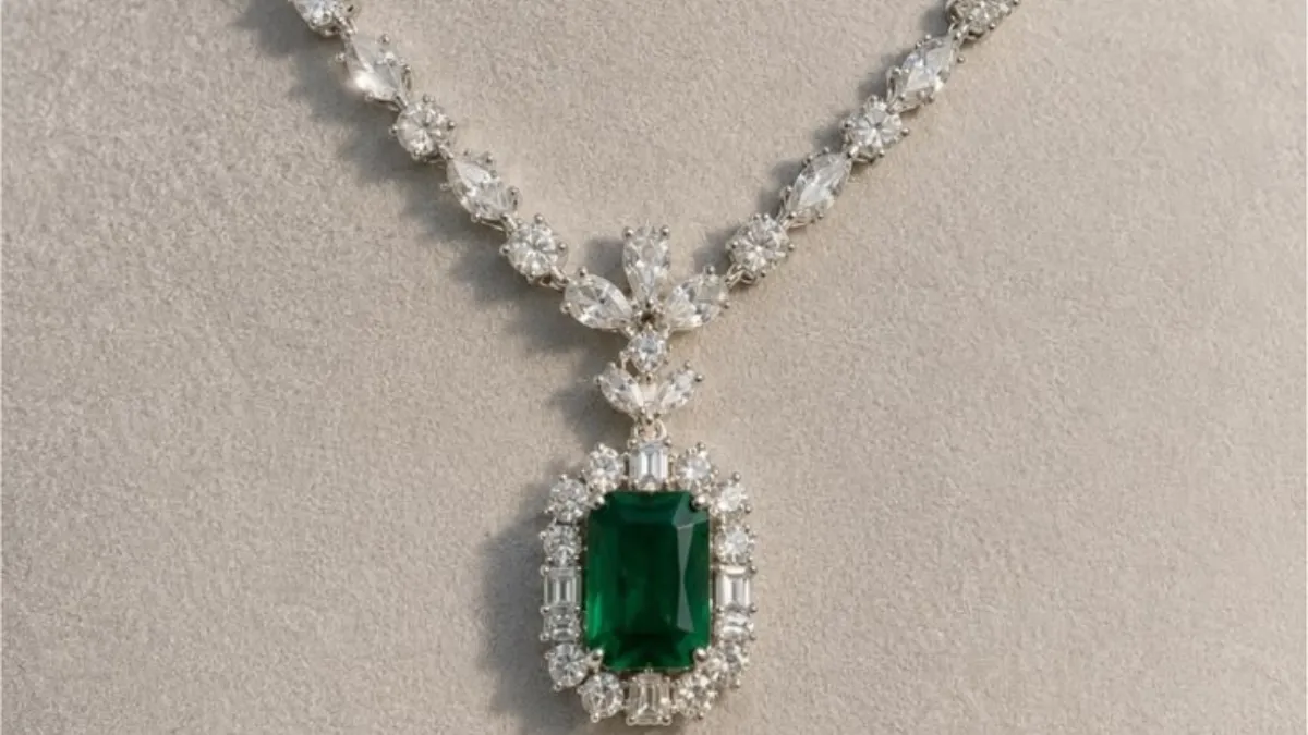 Luxury Fine Jewelry featured in a photo of an emerald and diamond pendant necklace with matching drop earrings displayed on a grey mannequin bust.