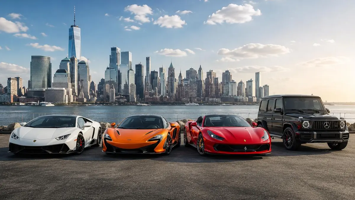 Fleet of high-end New York luxury cars parked against the Manhattan skyline backdrop