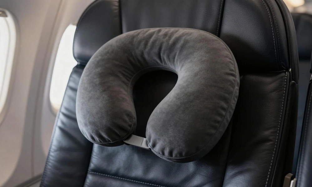 Contoured memory foam pillow for neck support.