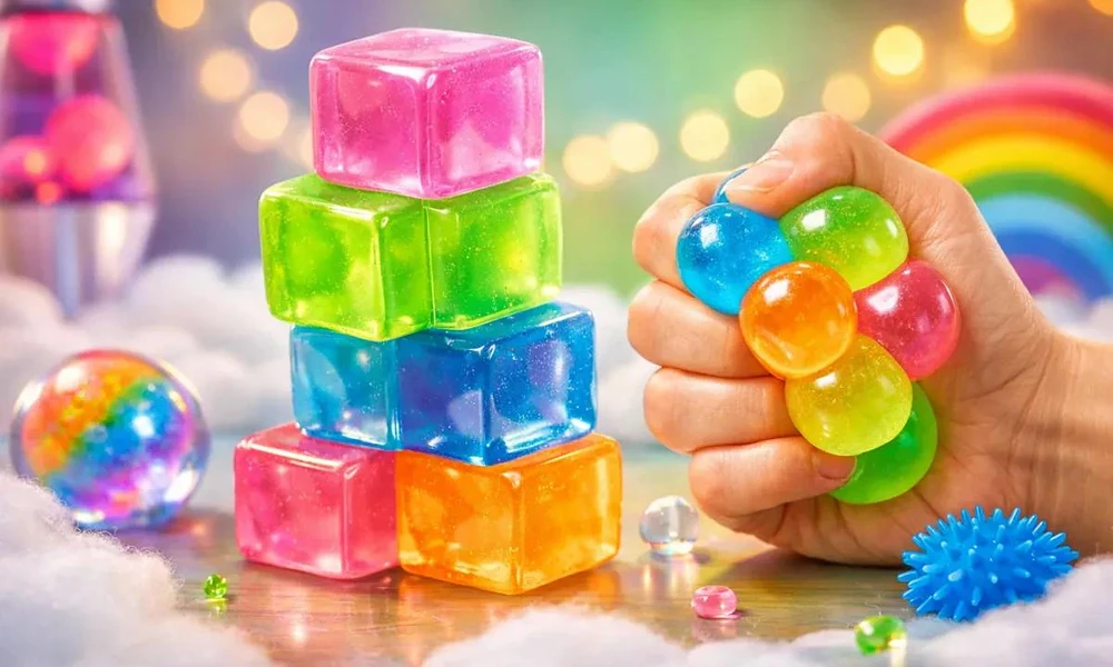 Row of four distinct tactile stress objects including a yellow ball, rainbow sphere, pink bear, and blue spiky ball
