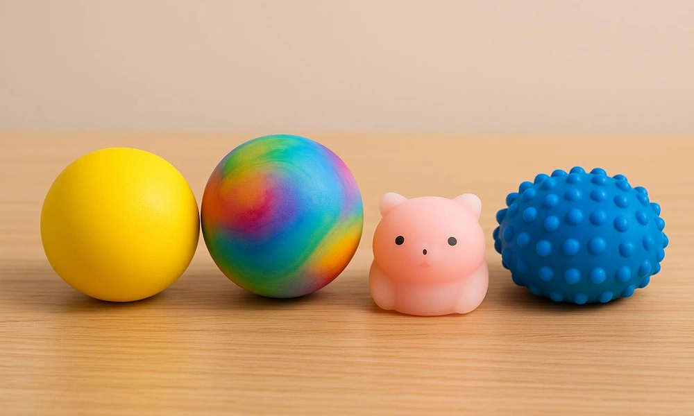 Row of four distinct tactile stress objects including a yellow ball, rainbow sphere, pink bear, and blue spiky ball