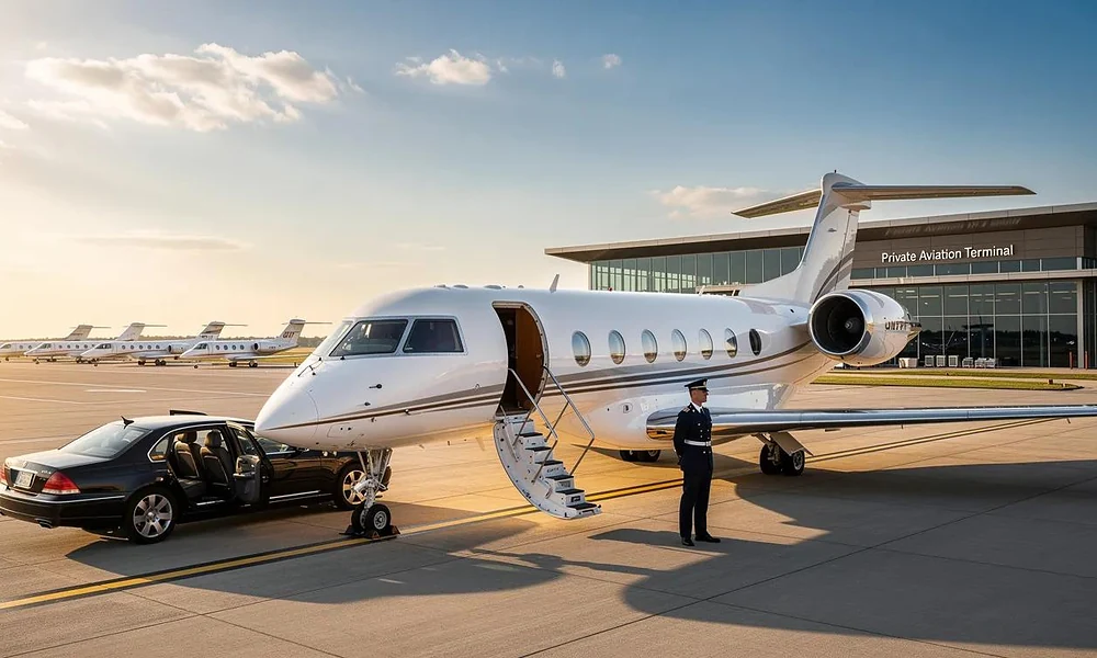 Luxury chauffeur sedan parked beside an open private jet outside a private aviation terminal with flight crew standing by