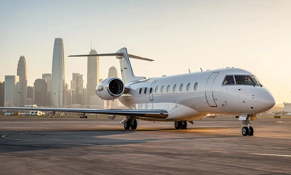 White executive jet parked on an urban tarmac with skyscraper buildings reflecting sunrise light-Best Private Jets in New York