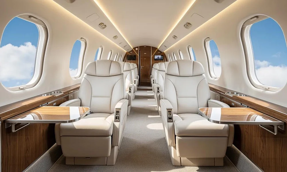 Luxury cabin interior of a private jet featuring cream leather executive seats, fold-out tables, and wood paneling-Best Private Jets in New York