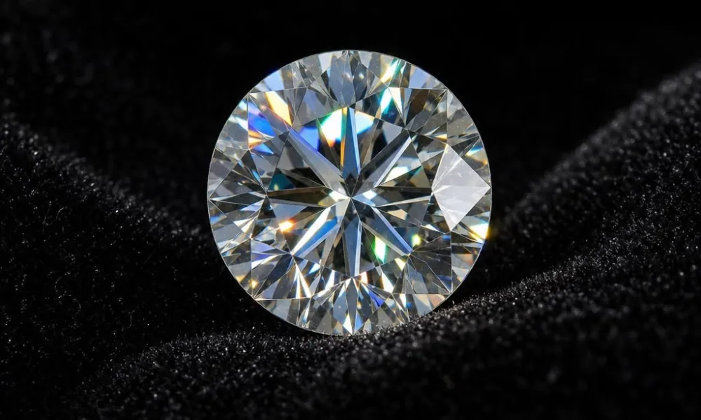 Luxury Diamonds featured in a close-up photo of a single, highly brilliant round brilliant-cut loose diamond displaying vibrant light dispersion against a textured black velvet backdrop.