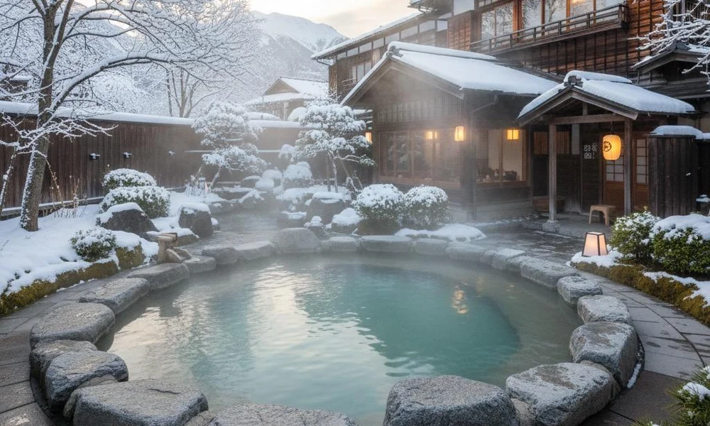 Traditional Japanese hot spring surrounded by snow-Best time to visit Japan