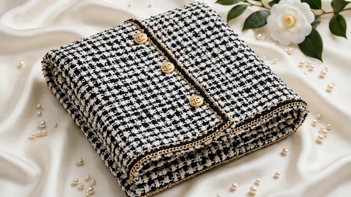 Chanel tweed jacket flat lay luxury editorial with pearls and camellia flower