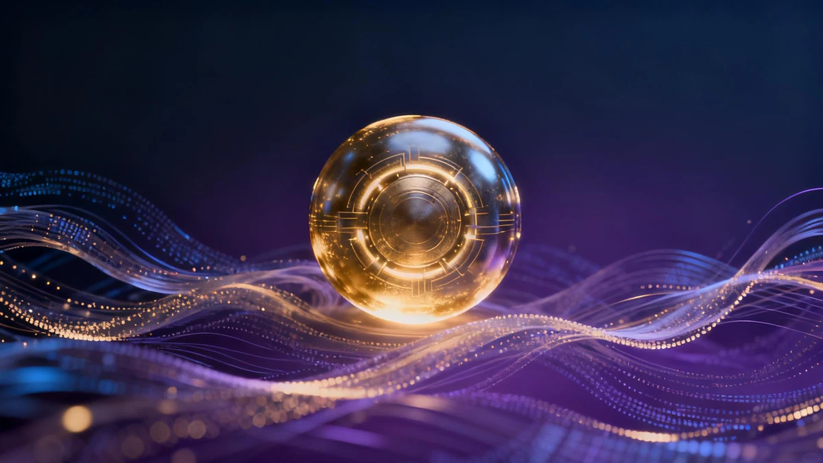 Glowing golden orb resting on flowing digital wave patterns representing Voozon AI luxury