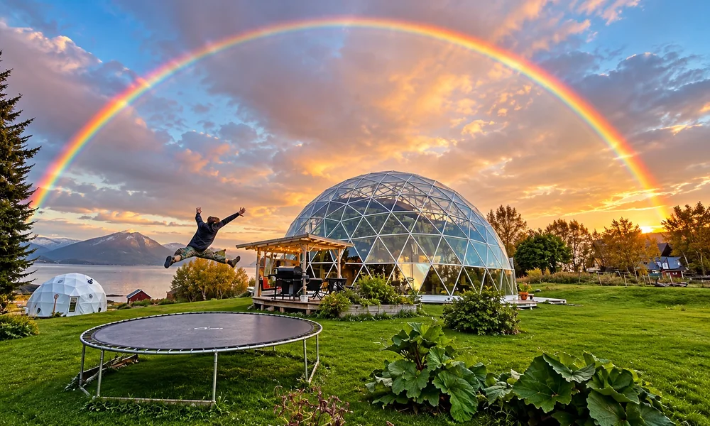 Glass geodesic dome on a lawn at sunset with a rainbow above it, a fjord and mountains behind it, and a person leaping from a trampoline in the foreground