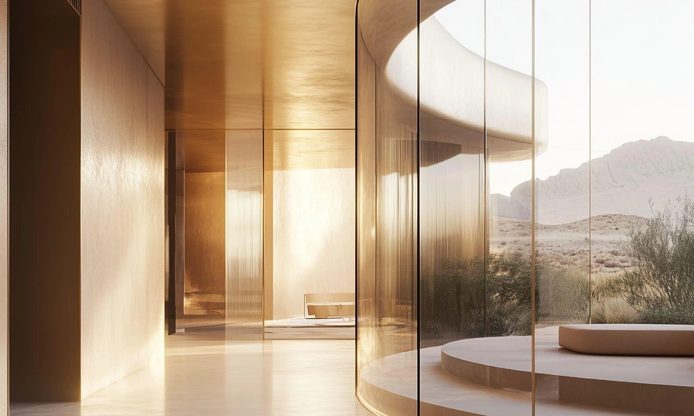 Minimalist luxury interior with warm sunlight streaming through curved glass walls